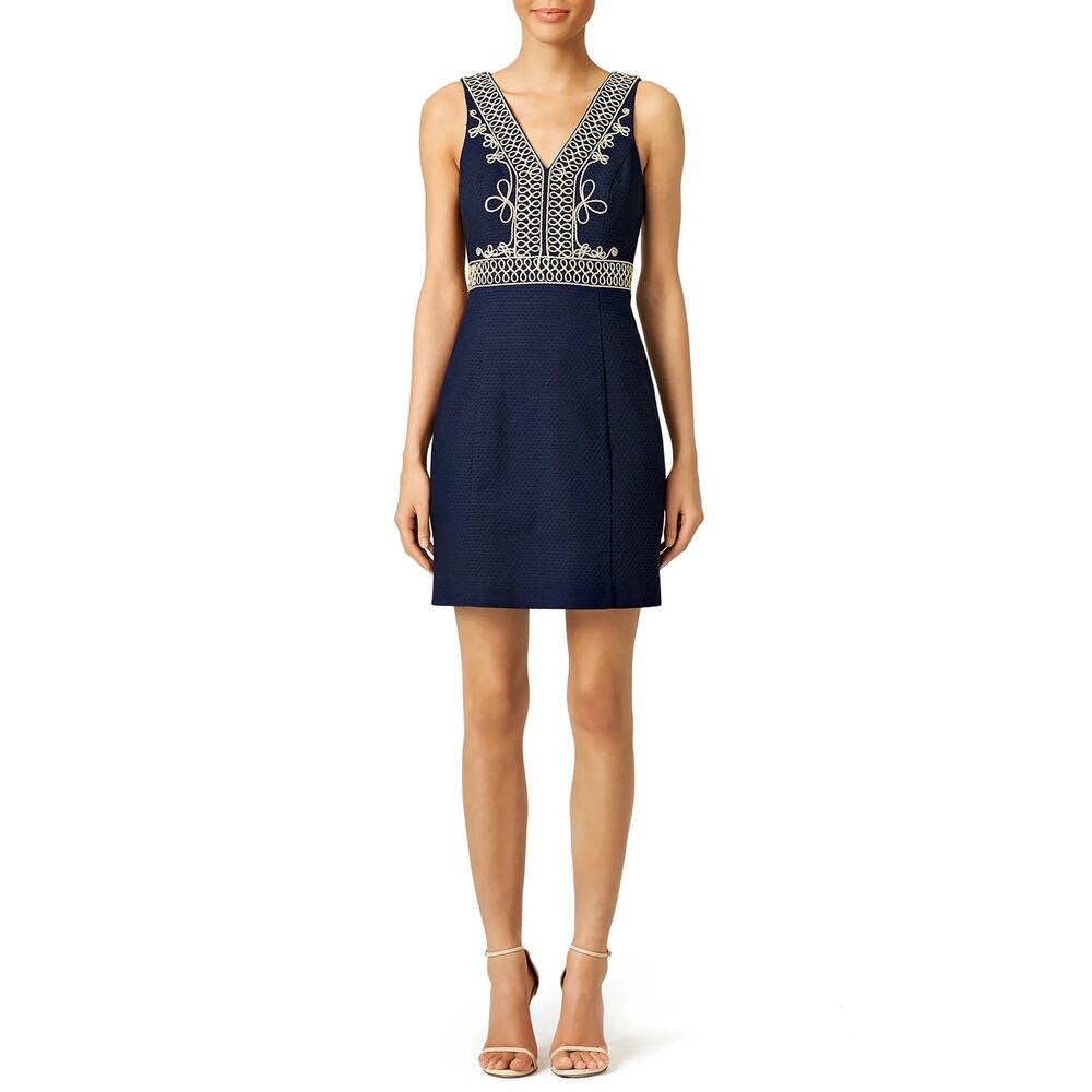 Lilly Pulitzer Aveline Navy Blue Gold Embroidered  Neck Shift Dress Size 0